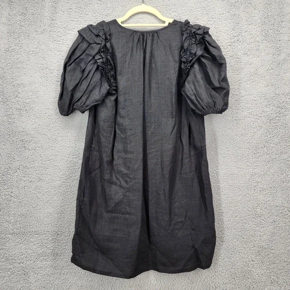 Olivaceous Black Ramie Linen Blend Ruffle Puff Sleeve Mini Shift Dress Small - Picture 5 of 14